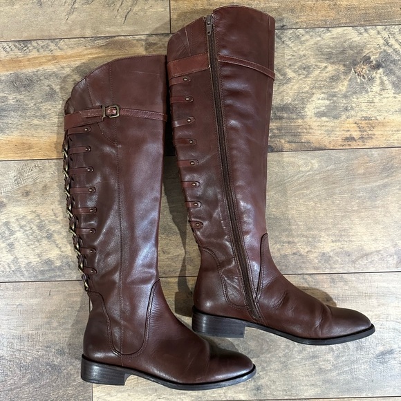 GIANNI BINI Tall Leather Riding Boots with Brass Accents, Size 6.5 - Picture 1 of 9